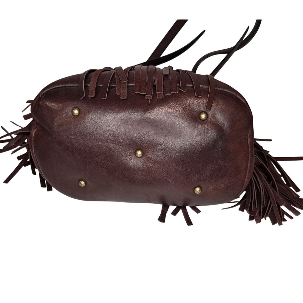 Frye Fringe Leather Hobo Bucket Bag | Boho Western Brown Tassel Purse - Picture 12 of 16